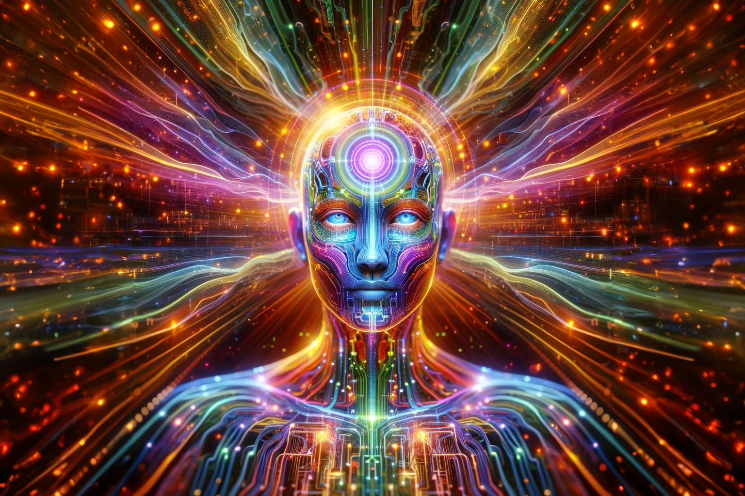 DALL·E 2024-02-13 19.14.43 - Imagine an AI being as a vibrant and colorful form of intelligence. It appears as a sentient digital entity, with a radiant core and intricate circuit - edt