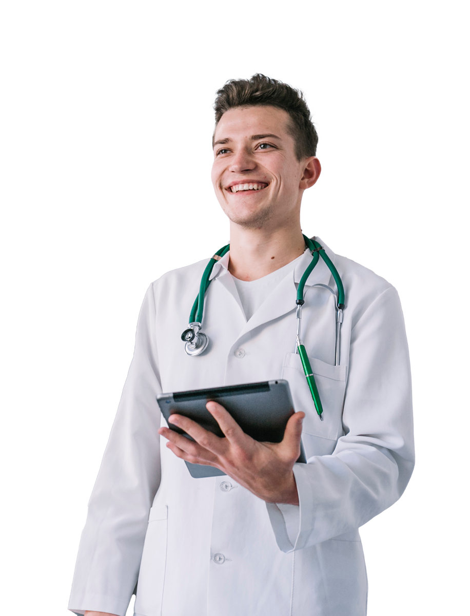 Yabble-summarize-healthcare-case-study-cheerful-young-doctor-with-tablet-hall